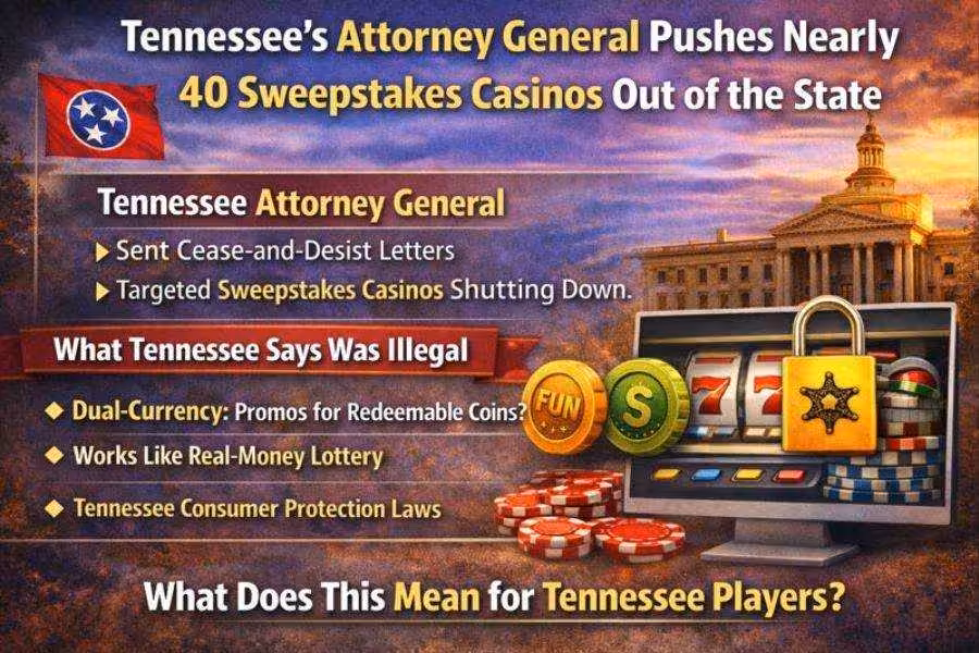 Tennessee shuts down nearly 40 sweepstakes casinos after state enforcement action.