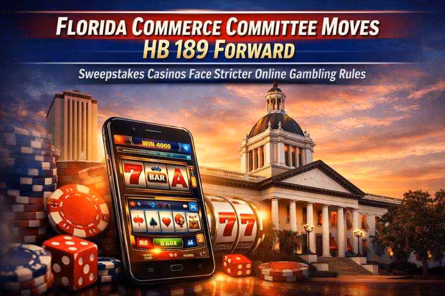 Florida State Capitol behind a smartphone showing casino games, with headline about HB 189 advancing and stricter rules for sweepstakes casinos.