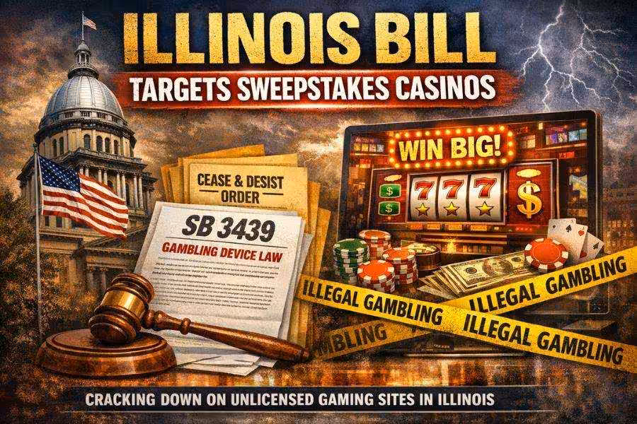 Graphic showing the Illinois Capitol, a document labeled SB 3439, and a slot machine behind police tape with headlines about a bill targeting sweepstakes casinos and unlicensed online gambling in Illinois.