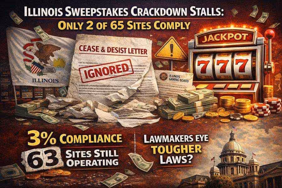 Graphic on Illinois sweepstakes crackdown showing 2 of 65 sites complying, with a cease and desist letter, slot machine, and state capitol.