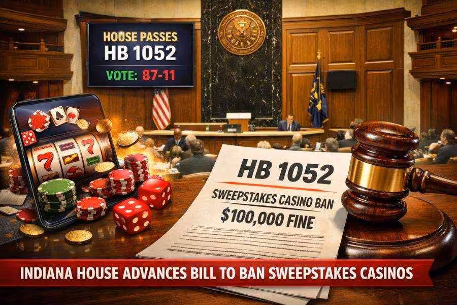 Indiana House passes HB 1052 to ban sweepstakes casinos with $100,000 fines.
