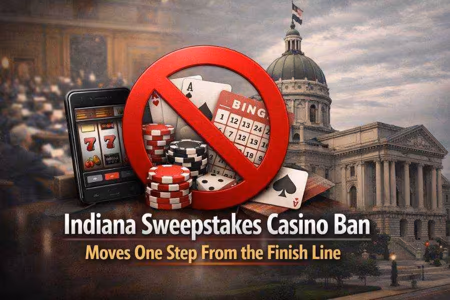 Indiana Statehouse behind a red ban symbol over online casino games and poker chips with headline about sweepstakes ban.