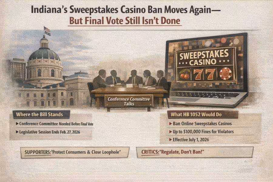 Infographic on Indiana’s HB 1052 sweepstakes casino ban, showing legislative status, possible fines, and July 1, 2026 start date.