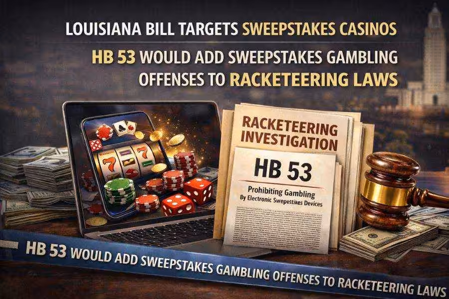 Graphic on Louisiana HB 53 linking sweepstakes casinos to racketeering laws.