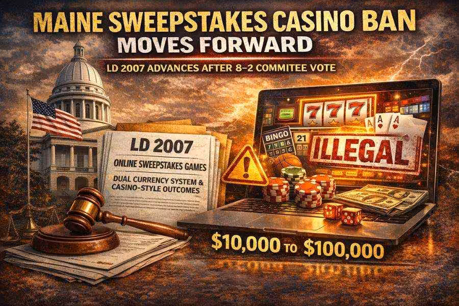 Graphic of Maine State House, LD 2007 bill, and online casino screen marked illegal with fine amounts shown.