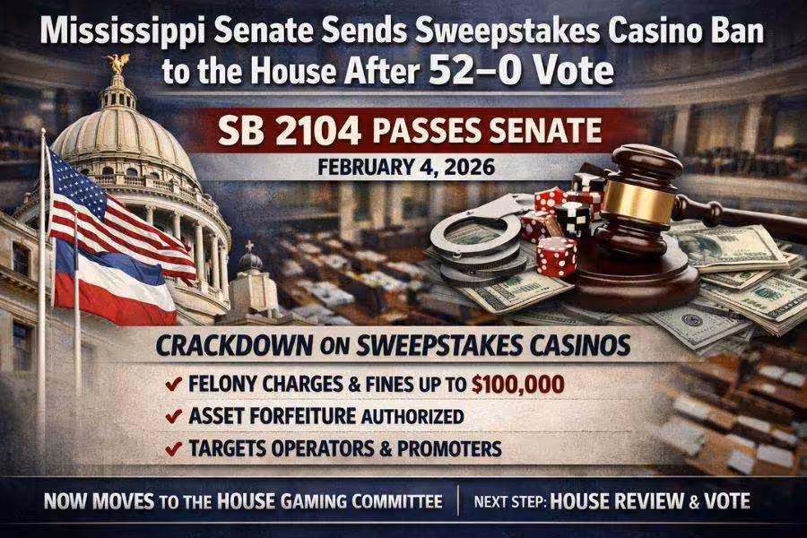 Graphic about Mississippi Senate passing SB 2104 to ban sweepstakes casinos 52 to 0, featuring the Capitol, a gavel marked banned, and notes on fines and asset forfeiture.