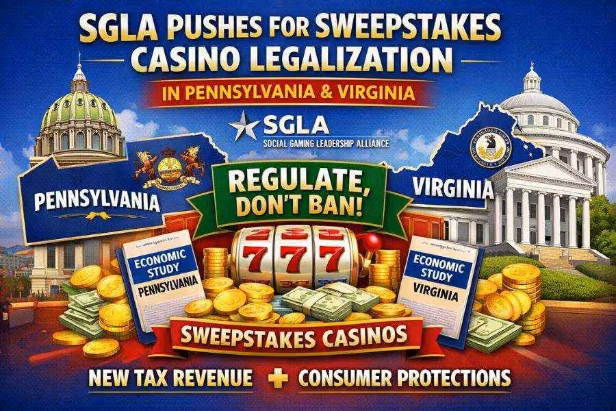 Graphic promoting SGLA’s push to legalize and regulate sweepstakes casinos in Pennsylvania and Virginia, highlighting tax revenue and consumer protections.