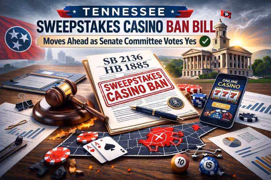 Tennessee bill document stamped “Sweepstakes Casino Ban” with gavel, poker chips, and Capitol building.