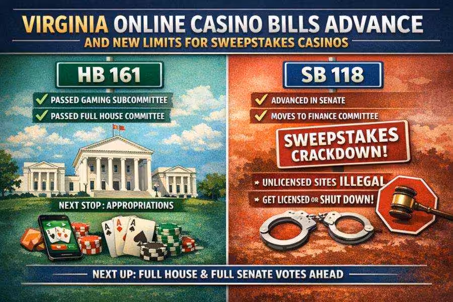 Infographic showing Virginia online casino bills advancing, with HB 161 moving through the House and SB 118 advancing in the Senate, alongside a sweepstakes casino crackdown targeting unlicensed sites.