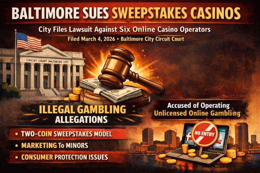 Graphic about Baltimore suing sweepstakes casinos over illegal online gambling allegations.