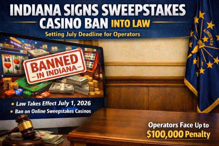 Illustration of casino items including a slot machine, poker chips, and cash placed behind a large red prohibition symbol, representing a ban on casino or gambling activities.