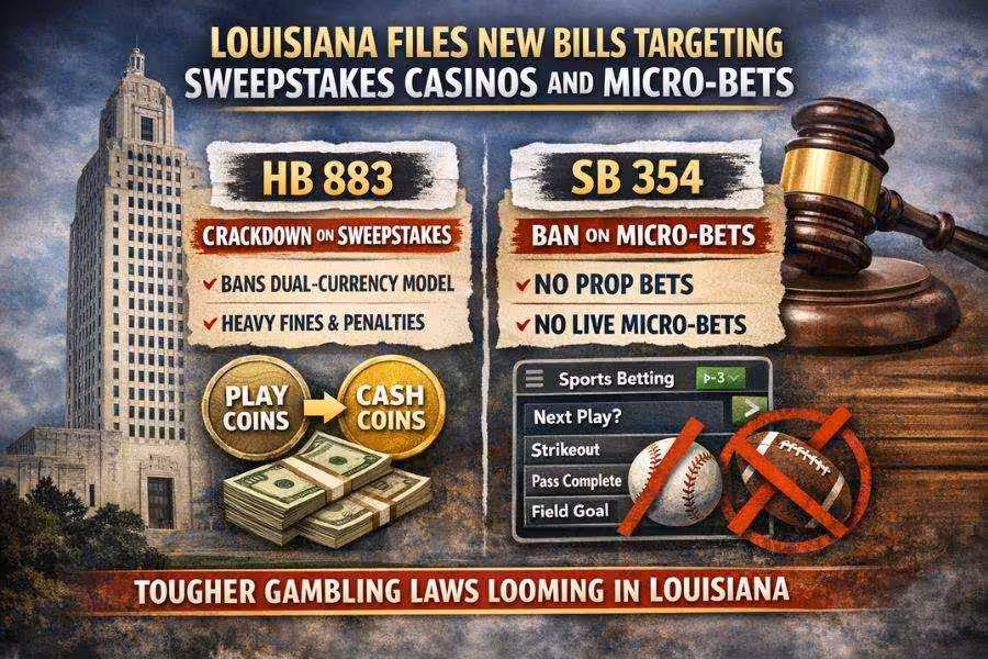Graphic showing Louisiana bills HB 883 and SB 354 targeting sweepstakes casinos and banning micro-bets, with state capitol, gavel, coins, cash, and sports betting imagery.