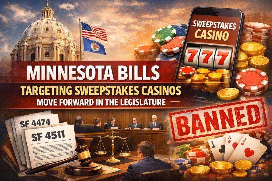 Minnesota lawmakers advance bills targeting sweepstakes casinos, shown with the state capitol, casino imagery, and a “banned” stamp.