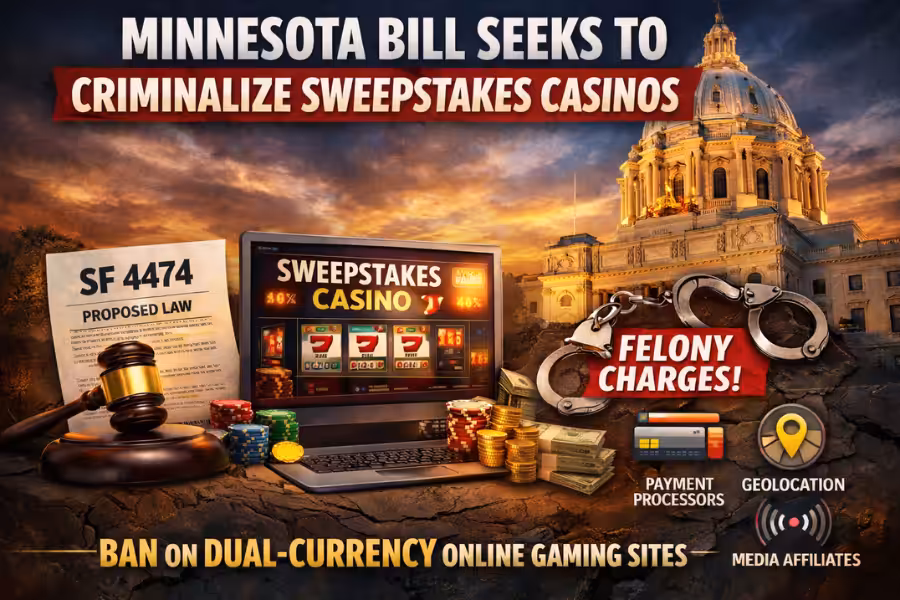 Minnesota bill targeting sweepstakes casinos with felony penalties and dual-currency gaming ban.
