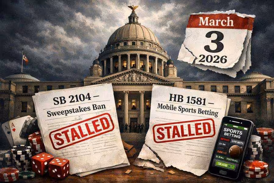 Mississippi Capitol with stalled sweepstakes and mobile sports betting bills, gambling items, and a March 3, 2026 deadline calendar.