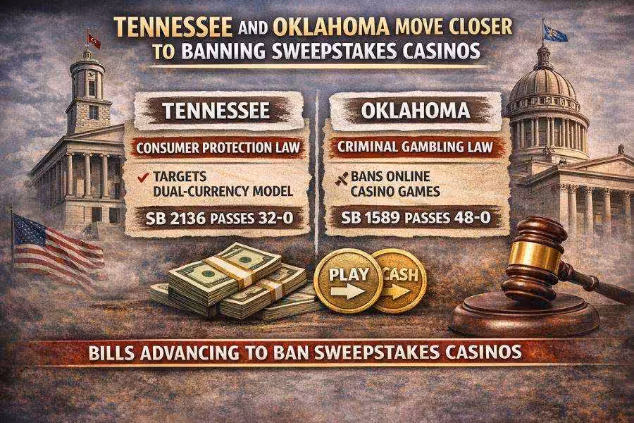 Graphic showing Tennessee and Oklahoma advancing bills to ban sweepstakes casinos.
