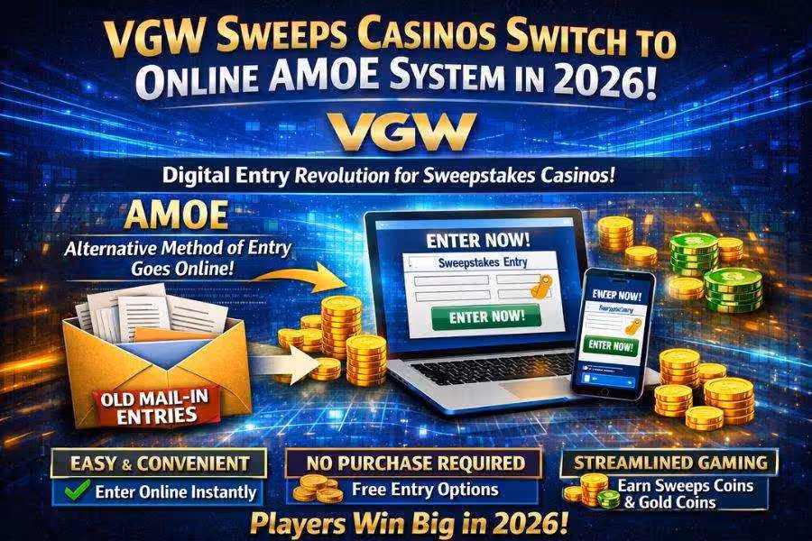 Infographic showing VGW moving to online AMOE in 2026 with digital entry and coin rewards.