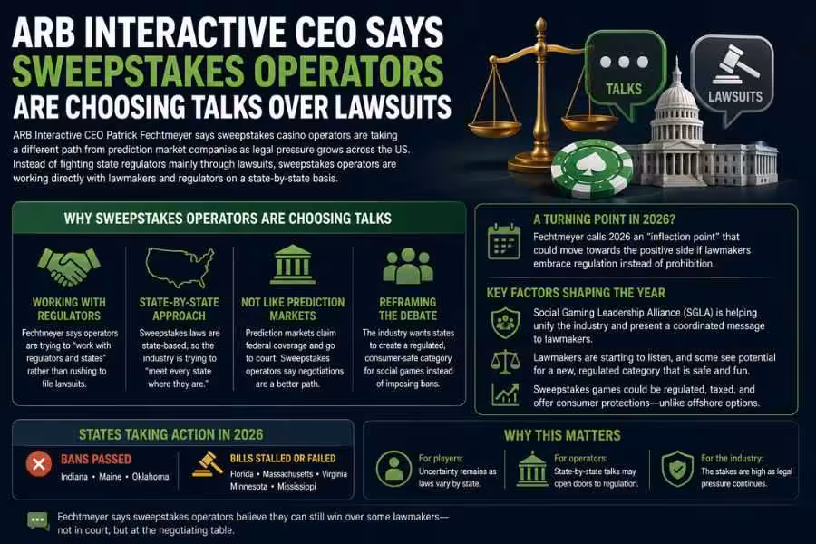 Infographic about sweepstakes casino operators choosing talks with regulators over lawsuits amid growing legal pressure in the US.