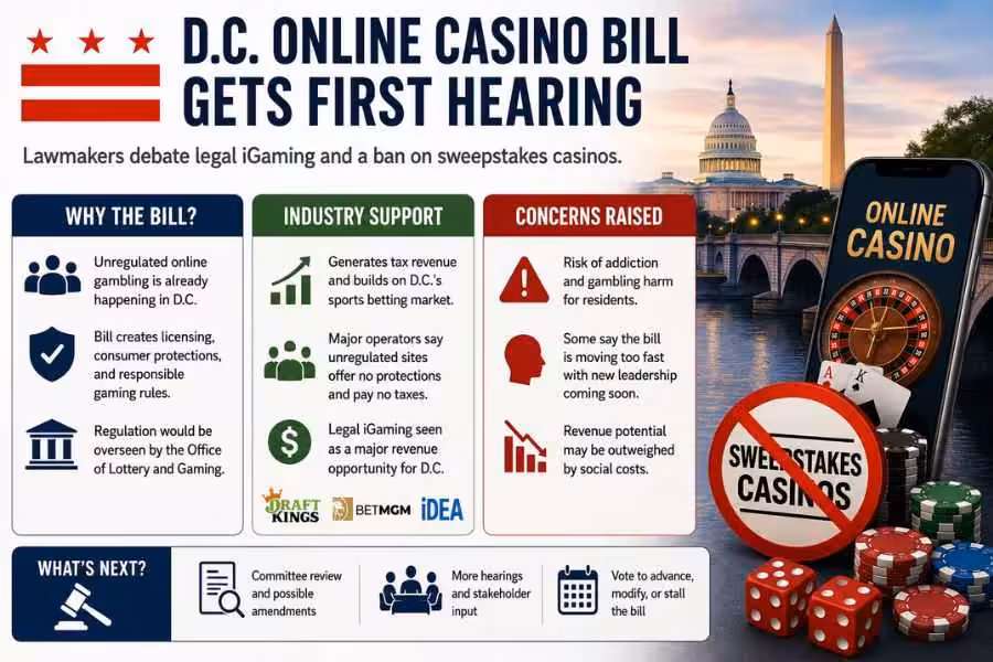 D.C. online casino bill hearing infographic with casino and sweepstakes visuals.