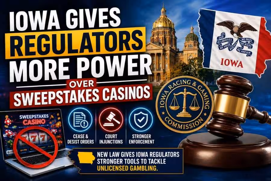 Graphic showing Iowa regulators gaining stronger enforcement powers over sweepstakes casinos, featuring legal symbols, Iowa state imagery, and anti-gambling icons.
