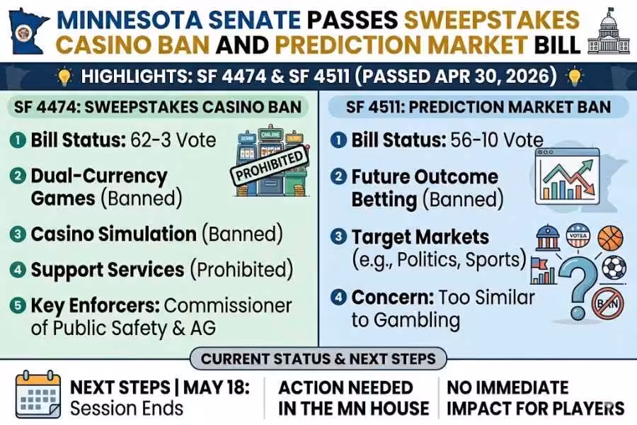 MN Senate passes bills to ban online sweepstakes casinos and restrict prediction markets; House approval still needed.