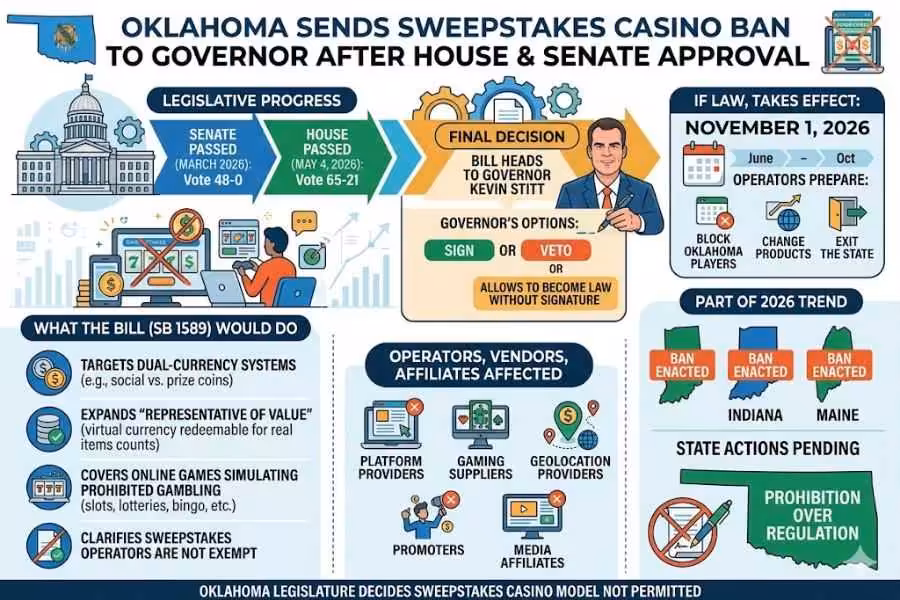 An infographic showing Oklahoma's proposed sweepstakes casino ban. It covers the legislative process, the governor's options, and how the bill affects operators and vendors.