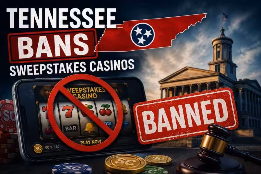 Graphic showing Tennessee banning sweepstakes casinos with a crossed-out casino app, banned stamp, gavel, and Tennessee state outline.