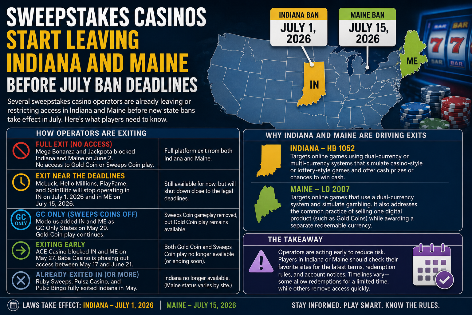 Sweepstakes casino operators are leaving Indiana and Maine ahead of new state bans taking effect in July 2026.